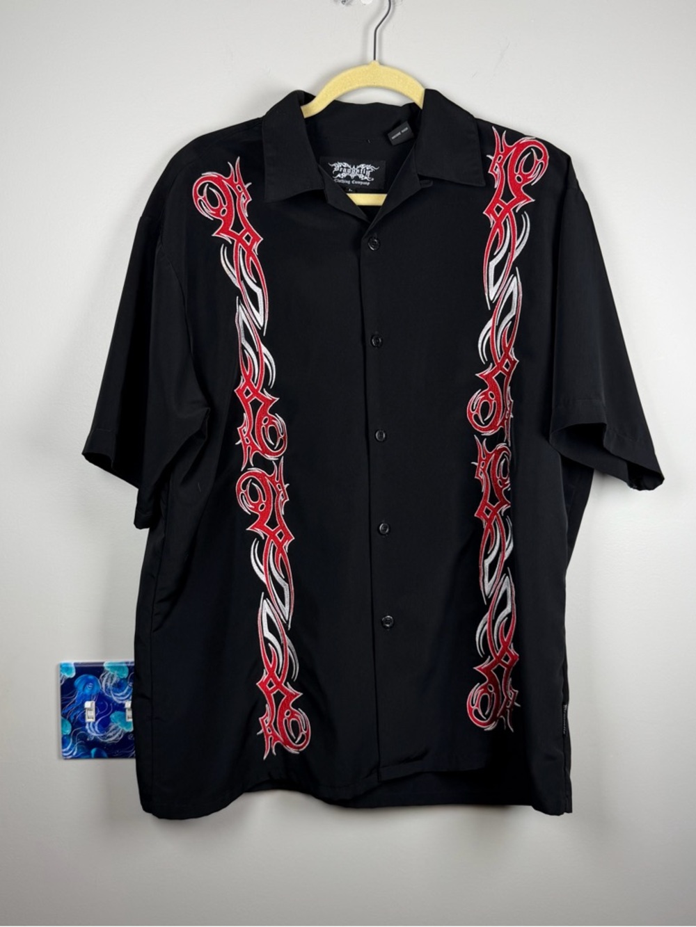 Dragonfly Shirt Large Black Red Tribal Flames Embroidered VTG Y2K Biker Skater